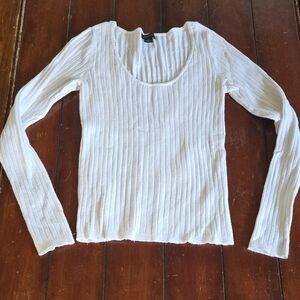 Halogen White Ribbed Scoop-Neck Long Sleeve Top